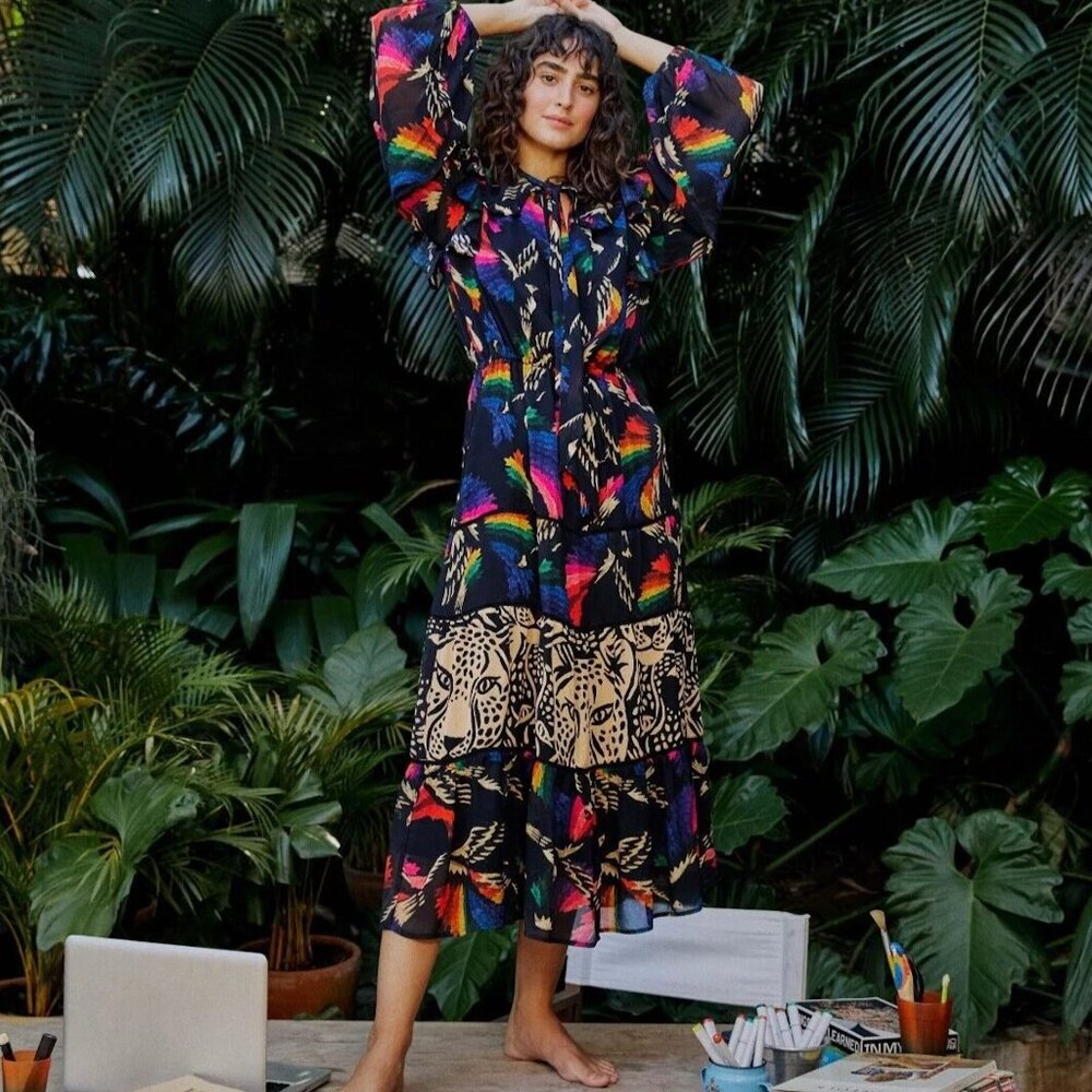 Farm Rio Black Macaws Flight Maxi Dress Tie Neck Leopard Tiered Animal Print XS - Picture 3 of 10